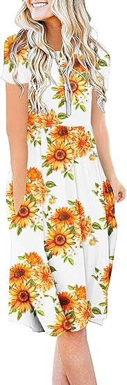 Women Summer Casual Short Sleeve Dresses Empire Waist Dress with Pockets